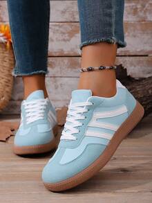 Women's Casual Versatile White Striped Accent Sneakers, Fashion Attractive Comfortable Durable Rubber Soft Sole Athletic Shoes, Breathable Lightweight Patchwork Sports Shoes For Women - Màu xanh lam - Xem 6