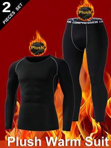 Conjunto de ropa interior térmica para hombres, camiseta de cuello redondo de manga larga y pantalones, capa base cálida, unicolor, gruesa, ajuste ceñido, ropa deportiva, adecuada para clima frío, actividades al aire libre, esquí, invierno - Negro - Ver 6