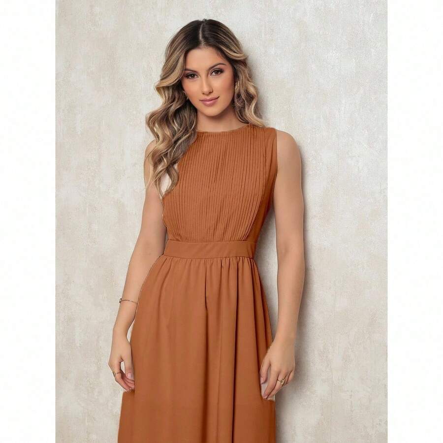 Elegant Women's Dress With A Defined Waist - Sleeveless, Discreet Neckline And Flowing Skirt For Formal Or Casual Occasions. - 棕色 - 查看 1