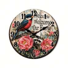 Country Farmhouse Round Wall Clock With Bird And Floral Design - Vintage Brown Wooden Silent Quartz Movement, Large Easy-To-Read Black Hands, 10/12/14/16 Inch Sizes, Suitable For Living Room, Kitchen, Office - Lightweight And Sturdy Wood, No AA Batteries Included, Ideal Housewarming Gift (Compatible With Modern And Traditional Decor) - 圖片色 - 查看 8