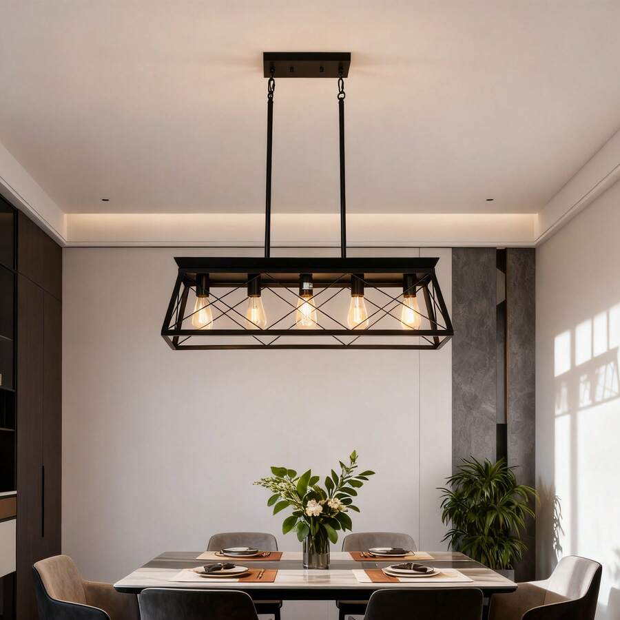 Farmhouse 5-Light Linear Pendant Lighting - Rustic Black Metal Rectangular Ceiling Lamp, Elegant Fixture For Dining Room, Kitchen Island & Entryway Decor - 黑色 - 查看 1