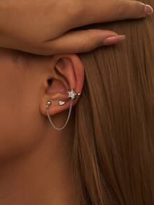 Nooxian 2件/套 时尚休闲心形星形铜质耳钉，女士独特微镶嵌立方氧化锆铜质夹式耳环套装，礼品（单耳佩戴） - 銀色 - 查看 4