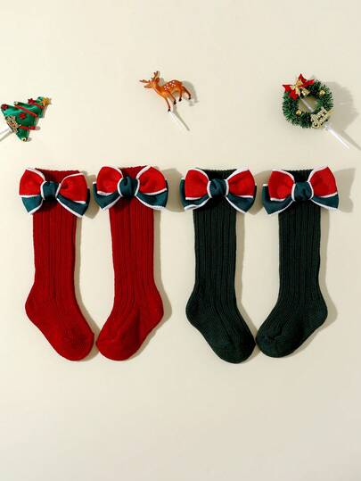 2pcs Baby Girls' Solid Color Bow Christmas Mid-Calf Socks, Suitable For New Year And Christmas