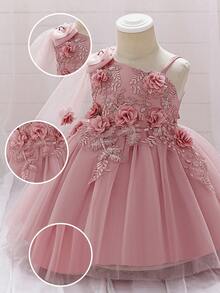 Vestido de Princesa con Lazo y Flor de Malla para Niñas Bebé, Adecuado para Fiesta de Niña de Flores, Patrón Floral de Tela con Corte Aleatorio, Diadema No Incluida - Rosa vieja - Ver 6