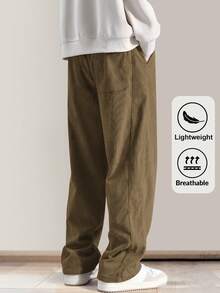 Pantalones casuales de pana para hombre, de nueva temporada primavera-otoño, de unicolor con cordón y bolsillos, transpirables y cómodos para actividades diarias - Marrón - Ver 4