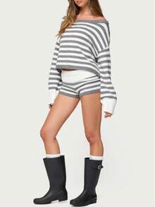 Women Striped Knit Micro Shorts Fold Over Elastic Waist Slim Fit Mini Bottom Y2k Lounge Sweater Shorts - Xám - Xem 5