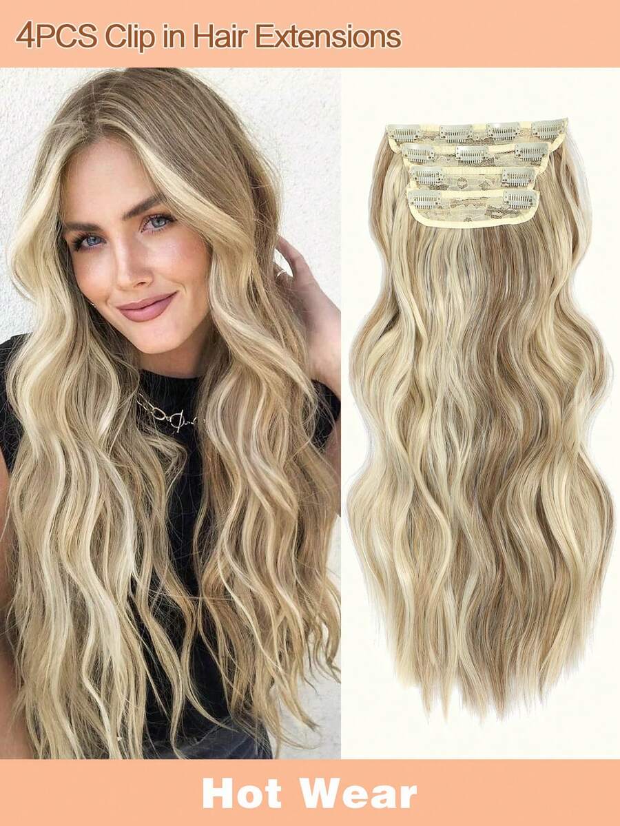 16inch 20inch Hair Extensions Clip In, 4PCS Wavy Hair Extension, Dark Blonde With Highlights Hair Extensions For Women - 間色 - 查看 1