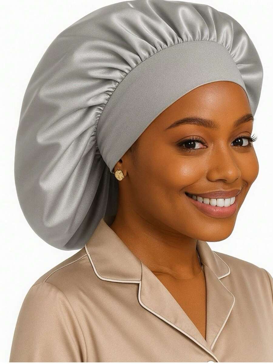 Premium Giant Satin Bonnet With Wide Band For Women, Anti-Frizz, For Sleeping With Curly Hair - Bạc - Xem 1