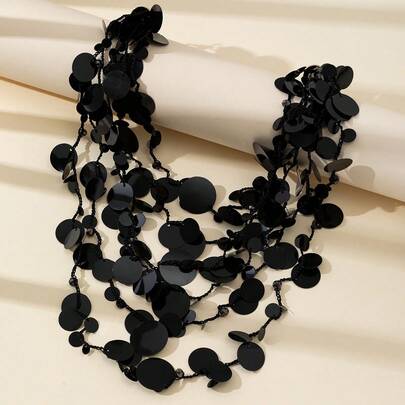 1 chiếc vòng cổ hạt thủy tinh đen và hạt nhựa thủ công dành cho nữ, thích hợp để đeo hàng ngày