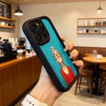 Cubierta de teléfono con borde negro y diseño de dibujo animado de chica con gafas y cabello azul sobre fondo turquesa para uso diario en cafeterías y espacios urbanos Aplicable a los teléfonos de la serie Apple y Galaxy - Blanco - Ver 6