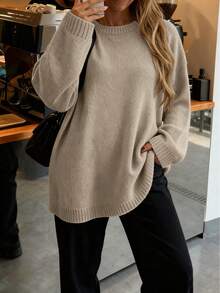 FOR BEAUTY Autumn/Winter Y2K Women's Solid Color Round Neck Long Sleeve Knit Pullover, Loose Fit Casual Fashion Commute Daily Wear Top - Light-flowered Apricot - View 5