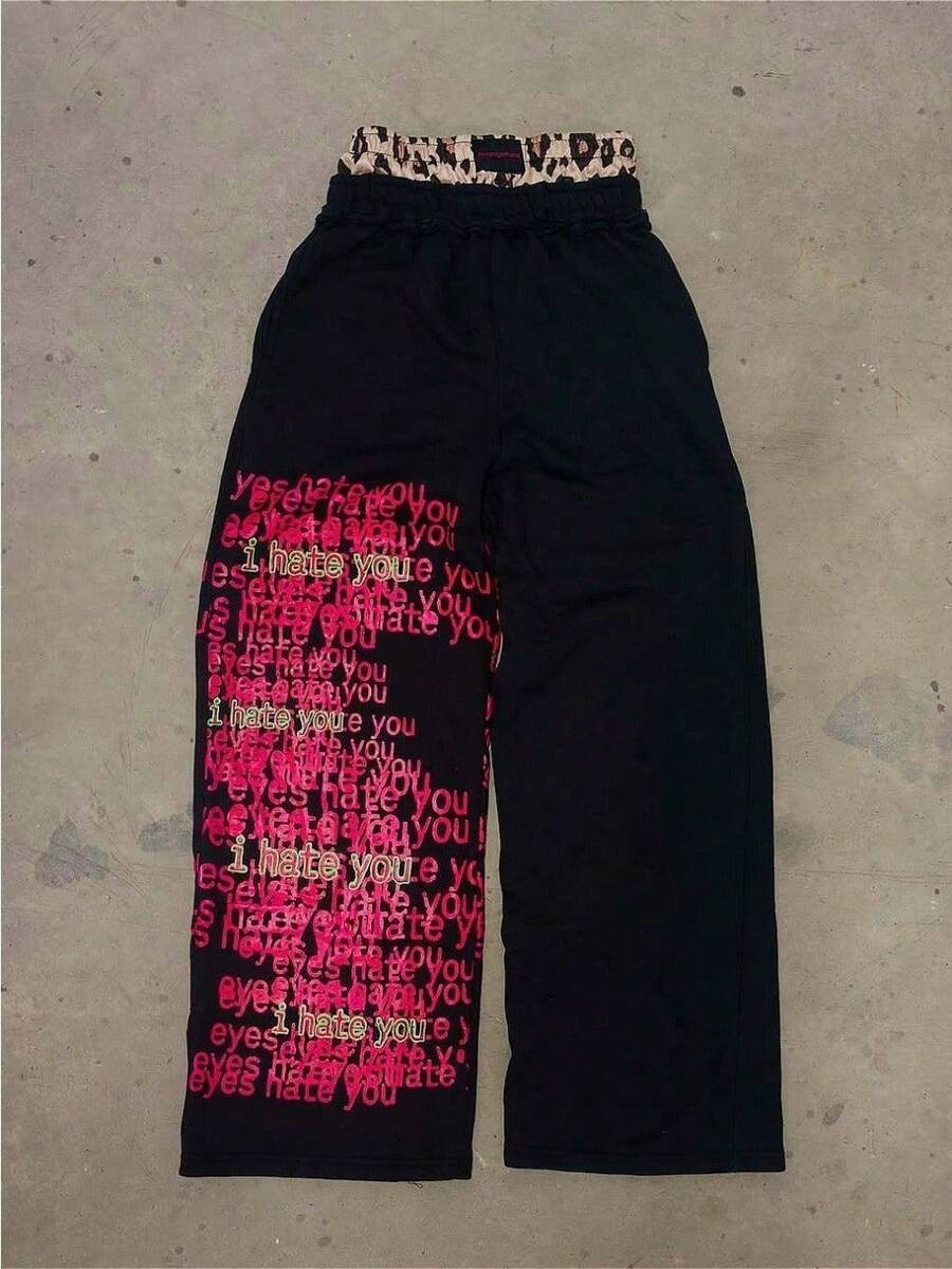 Street Double Waist Design Casual Pants Men's And Women's Hip Hop Harajuku Alphabet Printed Leopard Print Splicing Loose Sweatpants - 黑色 - 查看 1