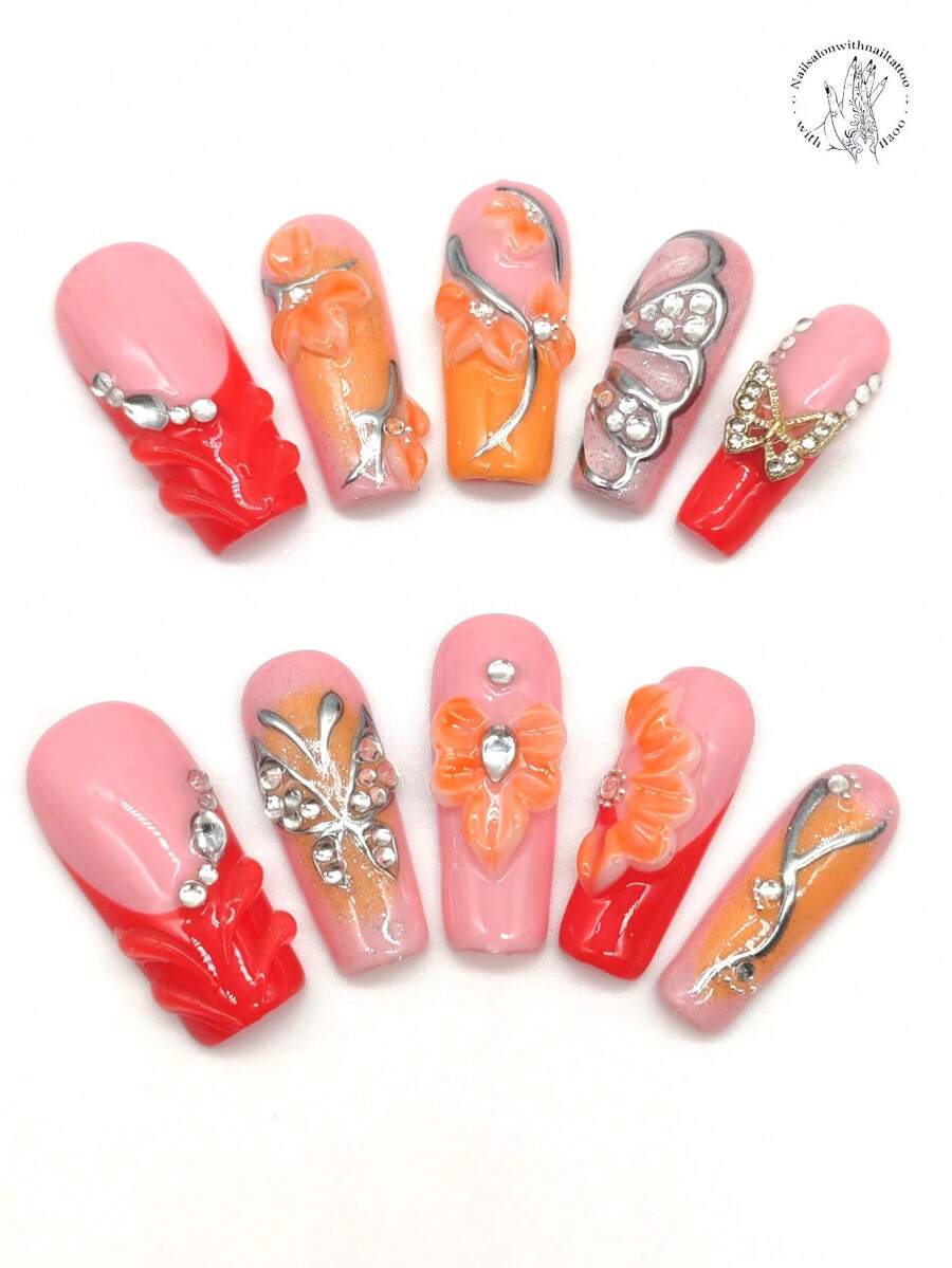 10 Pieces Of Pure Handmade Pressed Nail, 33mm Long Nail, Flesh Pink Nail, Red And Yellow Color Matching, Silver Line Butterfly Pattern Wings With Rhinestone Embellishment, Raised Lines, Rhinestone Embellishment, Raised Flower Yellow Painting, Glitter Pink Embellishment, Golden Butterfly Jewelry. The Nail Plate Is Suitable For Daily Leisure And Vacation, And It Is Worn At Banquets, Parties, Shows And Other Activities. Nails - Multicolor - View 1