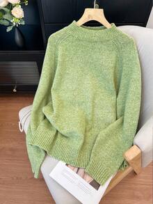 Damen Pullover in Große Größen, grün, Strickware, reguläre Länge, flauschig, mit Stehkragen und langen Raglanärmeln, kann zu jedem Anlass getragen werden, geeignet für Weihnachtsfeiern, Silvesterpartys usw.