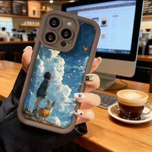 Cubierta de teléfono con borde negro diseño de cielo nubes niña y perro azul claro para uso diario y trabajo - Café integral - Ver 2