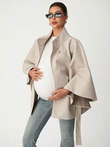 Sleeveless Stand Collar Loose Textured Woolen Cloak Jacket, Fashionable & Elegant Maternity Outerwear Suitable For Home, Daily Wear, Gatherings, Autumn/Winter, Valentine's Day