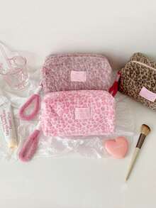 1pc Leopard Print Plush Makeup Bag, Leopard Pattern Winter Warm Makeup Pouch, Lipstick Case, Large Capacity Cosmetic Storage Bag, Multi-Functional Design, Suitable For Travel, Vacation, Home, Bathroom, Holiday Cosmetic Storage, Bathroom Accessories, Back To School Essential,Pouch,Makeup Pouch,Travel Essential - Multicolor - View 3