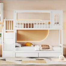 Bunk Bed For Children, 90*200cm, Solid Wood Double Bed, House Shape With Windows, Safety Fence Design, With Storage Drawers And Safety Ladder, Wood Color - 白色2 - 查看 8