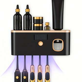 智能牙刷架盒，5槽设计，自动牙膏分配器，壁挂式，采用耐用塑料制成，配备USB可充电锂电池，是理想的节日礼物，可用于存放洗漱用品、整理浴室，简约支架，紧凑型收纳盒，耐用塑料，自动牙膏分配器，非接触式收纳，家用浴室用品，旅行必备品。