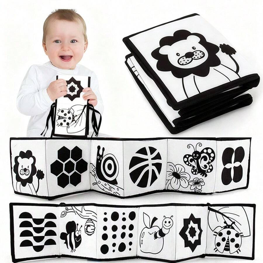 My First Black And White High Contrast Soft Book For Baby, Infant Tummy Time Cloth Book Toys, Black And White Baby Cards, Folding Educational Activity Cloth Book Suitable For Boys Girls Toddler - Black and White - View 1