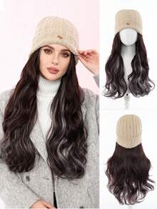 懒人风长卷发假发帽，棕色挑染，45厘米针织保暖时尚发帽，轻松打造无需打理的发型
