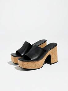 女士经典露趾坡跟凉鞋，透气套穿式厚底高跟防水穆勒鞋，黑色 - 黑色 - 查看 4