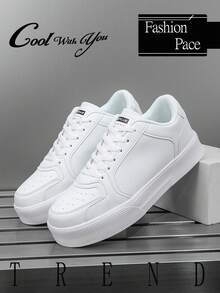 男士极简纯白拼接字母低帮系带运动鞋，户外休闲百搭日常通勤舒适休闲鞋 - 白色 - 查看 6