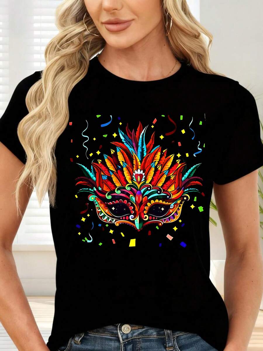 T-Shirt With Colorful Carnival Mask And Confetti Print For Parties And Themed Events - Black - View 1