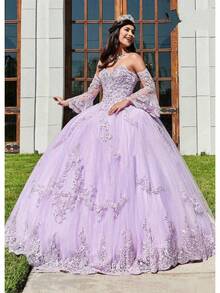 Women's Sweetheart Quinceanera Dresses Lace Appliques B Gown With Detachable Long Sleeve - Blush - 查看 9