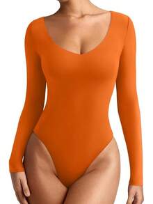 V Neck Long Sleeve Bodysuit - Comfy Double Lined Basic Top - Orange - View 11