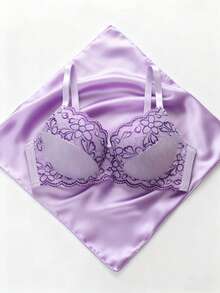 Plus-Size Sexy Bra, Medium Stretch Fabric, French Design Style, Flattering For Curvy Women, Seamless Construction, Non-Removable Lining, Suitable For Everyday Wear And Special Occasions, Women's Printed Lace Bra. - Màu xanh lam - Xem 10