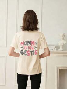 少女休闲趣味图案印花圆领短袖T恤，夏季上衣 - 杏色 - 查看 2