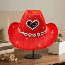 Adults Glitter Western Cowgirl Hats With Rhinestones Fashionable Wide Brim Fedora Caps For Outdoor Vacation - 紅色-愛心 - 查看 5