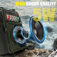 复古便携式应急无线电收音机 - AM/FM/WB/SW/NOAA 天气广播，配备无线蓝牙，4000mAh 大容量电池，三种充电方式 - USB 和手摇充电，太阳能充电，手电筒和 LED 阅读灯，SOS 报警和白噪音，适用于户外活动、防灾、露营和季节性灾害暴风雨停电应急手机充电设备，完美礼物 - 軍綠色 - 查看 4