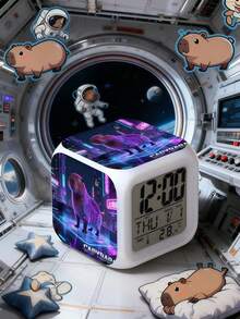 A Tech-Style Capybara Collectible Limited Edition Smart Alarm Clock With A High-End Design. It Wakes You Up With Sounds And Calls, Features Colorful Lighting, A Realistic Capybara Pattern, A Square Bedside Decoration, And A Desktop Ornament. - Multicolor - View 4