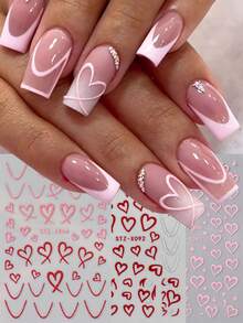 FULL BEAUTY 3 piezas Pegatinas de uñas con corazones huecos rosas con brillo, 3 piezas Pegatinas de arte de uñas con diseño de líneas de corazón burdeos 3D, Accesorios de decoración de uñas para el Día de San Valentín, Suministros de arte de uñas - Multicolor - Ver 1