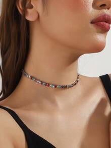 1 pieza Collar gargantilla de mujer con circonita geométrica, versátil para uso diario y vestidos de noche - Color plateado mixto - Ver 2