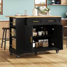 Modern Kitchen Island, Kitchen Cabinet, Buffet Cabinet, Wood Grain Food Cart, Buffet Cabinet, Multifunctional Dining Table With Storage Space, Food Cart With Extendable Function Cabinets, White - Black + MDF - View 2