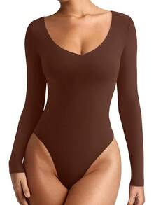 V Neck Long Sleeve Bodysuit - Comfy Double Lined Basic Top - Brown - View 1
