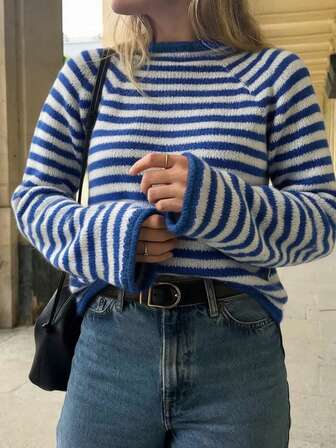 Minimalist Contrast Stripe Crew Neck Knit Sweater, Long Sleeve Soft Niche Pullover For Women, Autumn/Winter Layering