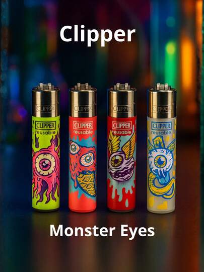 4 Clippers Monster Eyes Tamanho MAXI - Isqueiro de Cozinha, Esqueiro, Acendedor, Uso em Casa, Cozinha, Acender Velas, Churrasco, Camping, Viagem e Decoração, Festa.