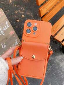 1件装时尚奢华珍珠链卡包手机壳，兼容 11/12/13/14/15/16/17 Pro/Pro Max，创意简约全包防震保护手机壳 - 橘色 - 查看 2