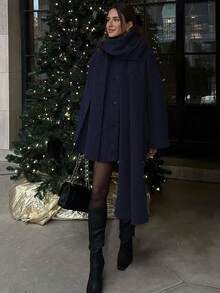 Women's Overcoat With Scarf, Elegant Chic Long Outerwear, Suitable For Christmas Outfit - Navy Blue - View 4