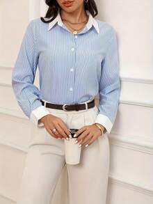 Women's Blue & White Striped Color Block Office Shirt - Light Blue - View 4