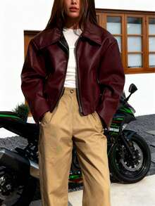 Oversized Faux Leather Jacket For Women - Multi-Color Options, Classic Lapel, Zipper Front,  Loose Fit, Chic & Edgy Outerwearhttps - 酒紅色 - 查看 4