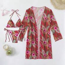 新款夏季女士性感打结吊带比基尼套装，带网纱罩衫，三件套泳衣，适合海滩度假 - 紅色 - 查看 8