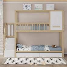 Beliche infantil, 90*200cm, cama de casal em madeira maciça, formato de casinha com janelas, design com grade de , gavetas para armazenamento e escada de , cor madeira. - Castanho - Ver 3