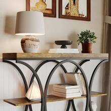 Mesa de entrada industrial de 99 cm (39"), mesa consola de 3 niveles con estructura metálica circular, mesa auxiliar con estantes de madera, ideal para entrada, pasillo, sala de estar o recibidor. Color negro. - Negro - Ver 8