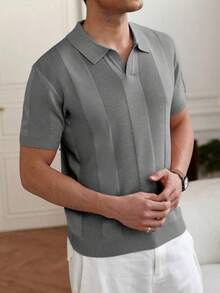 Men's Casual Summer Polo Top With Stripes And Patchwork Knit, Men's Summer Polo Top, Solid Color Short Sleeve Knit Sweater For Men, Summer Fashion - 灰色 - 查看 3