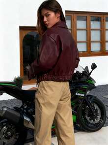 Black Edgy Biker Casual Loose Long Sleeve Leather Jacket For Women, Autumn/Winter Fall Cloth For Women - Burgundy - View 6